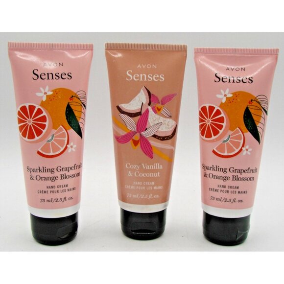 NEW Lot 3 AVON Senses Hand Cream 2.5oz Grapefruit Orange Blossom Vanilla Coconut - Picture 1 of 8